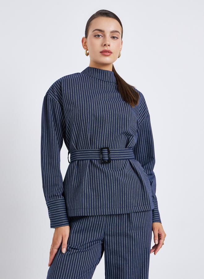 Styli Women Striped Stand-Up Collar Belted Top and Pants Co-Ords - Image 1